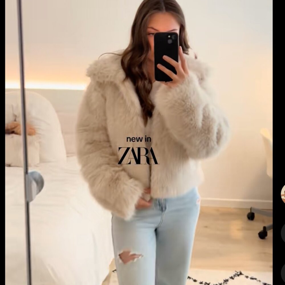 Zara Women Short Faux Fur High Neck Coat Light Beige Cream XS 5320/725 New - Picture 6 of 15
